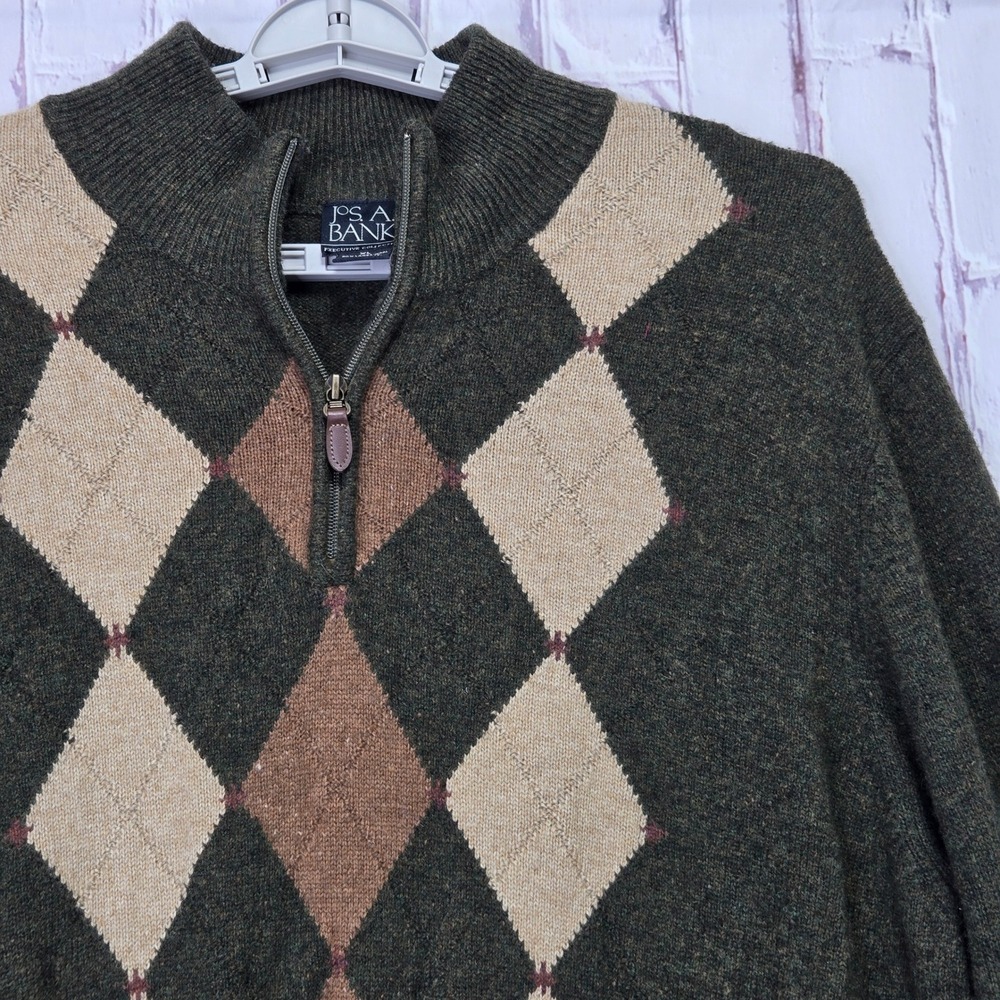 Jos A Bank Executive Collection Mens Argyle 1/4 Zip Sweater XL Lambs‎ Wool
